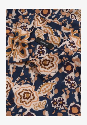 Kurzärmeliges Hemd mit floralem Muster in Marineblau, Beige und Burgunderrot, mit Kragen, Knopfleiste und einem Etikett mit der Aufschrift "Matinique".