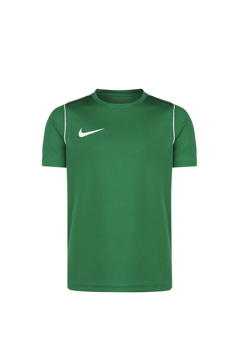 Vihreä urheilupaita, joka on valmistettu sileästä kankaasta. Paidassa on pyöreä pääntie, lyhyet hihat, valkoiset sivuvarusteet ja Nike-logo rinnassa.