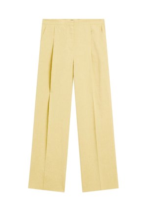 Pale yellow wide-leg trousers with pleats and a smooth texture, featuring a classic waistband and no visible hardware or accents.