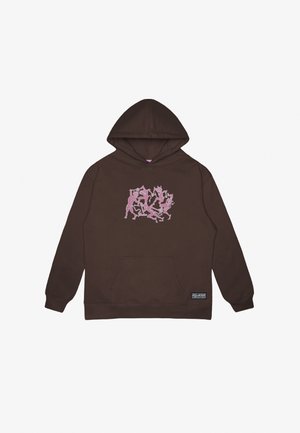 Brown hoodie featuring a pink graphic design on the front, a large pocket, and ribbed cuffs. Material appears soft and textured.