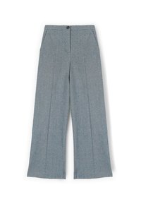 Lichtblauwe wijde broek met een gestructureerde stof, twee zijzakken, een knoop aan de voorkant en zichtbare plooidetails.