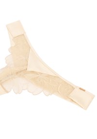 Crème-kleurige kant slip met bloemenborduursel en een effen stoffen tailleband op een witte achtergrond.