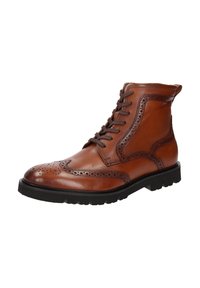 Stivaletti in pelle marrone con dettagli brogue, punta rotonda e suola in gomma nera a contrasto; presentano chiusura con lacci e cuciture robuste.
