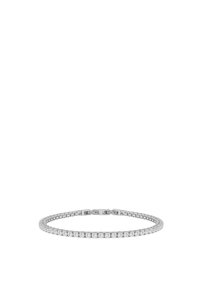 Bracelet en argent orné de pierres précieuses claires et circulaires. Caractérisé par un design de chaîne flexible et une fermeture à fermoir. Texture lisse et polie.