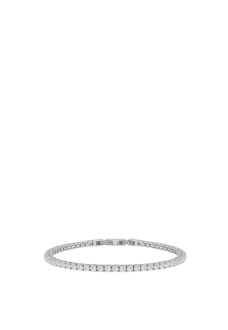 Bracelet en argent orné de pierres précieuses claires et circulaires. Caractérisé par un design de chaîne flexible et une fermeture à fermoir. Texture lisse et polie.