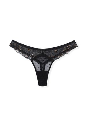 Black lace thong featuring floral detailing, polka dot pattern, and small sequins. Scalloped edges and a smooth fabric waistband.