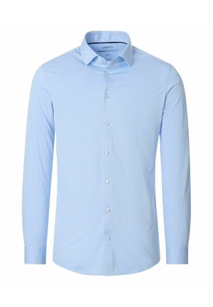 Jasnoniebieska, męska koszula z długim rękawem, zapinana na guziki z przodu, z klasycznym kołnierzykiem, przedstawiona na białym tle.