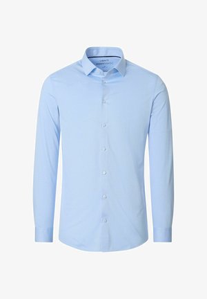 Chemise habillée pour homme à manches longues bleu clair avec fermeture boutonnée sur le devant et col classique, présentée sur un fond blanc.