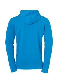 Blå hættetrøje med lange ærmer, lavet af glat, blødt stof. Har en centreret hætte og ribbede manchetter og kant.