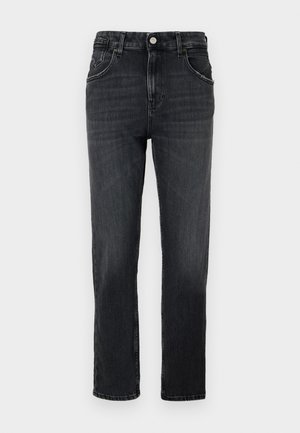 Jean en denim gris foncé avec une coupe droite classique, cinq poches et une fermeture à bouton métallique unique à la taille.
