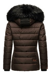 Brown padded winter coat with a detachable black faux fur hood, ribbed texture, fitted shape, and logo detail on the lower side.