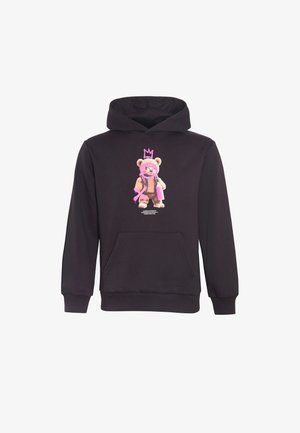 Mustaga kapuuts, millel on erksavärviline graafika karuhahmiga, kes kannab krooni ja hoiab spraypudelit. Ees standardne kängurupocket.