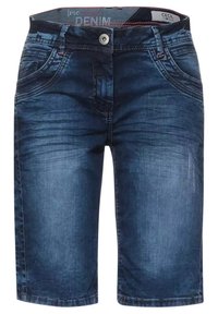 Tummansiniset farkkushortsit, joissa on kulutettu pinta, vetoketjukiinnitys, napillinen sulku, etutaskut ja suora lahje.