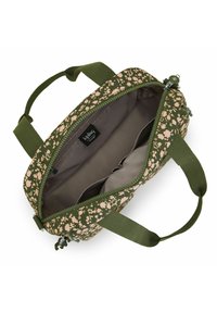 Zielona i beżowa torebka w kwiatowy wzór z dwoma uchwytami, otwieranym zamkiem błyskawicznym na górze oraz szarym wnętrzem z dwoma małymi wewnętrznymi kieszonkami i etykietą Kipling.