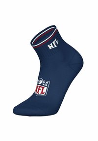Marineblå ankelstrømpe med hvide og røde striber ved kanten, NFL-logo på foden og "NFL"-tekst på den ribbede ankelsektion.