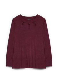 Burgundy långärmad tröja med rundad halsringning, med utskärningar fram och ribbade ärmslut och kant för en strukturerad finish.