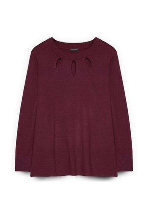Maglione a maniche lunghe color bordeaux con scollatura rotonda, dotato di dettagli a taglio nella parte anteriore e polsini e orlo a costine per un tocco di texture.