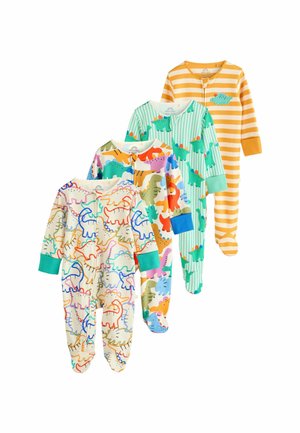 Vier bunte Kinder-Overalls zeigen Dinosaurier-Muster, unterschiedliche Streifen und leuchtende Akzente. Hergestellt aus weichem Stoff mit Fußdesign.