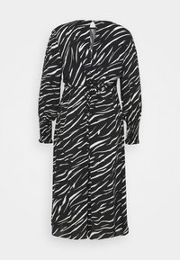 Robe noir et blanc avec un imprimé zèbre, manches longues, taille cintrée et détail de dos en trou de serrure, fabriquée dans un tissu léger.