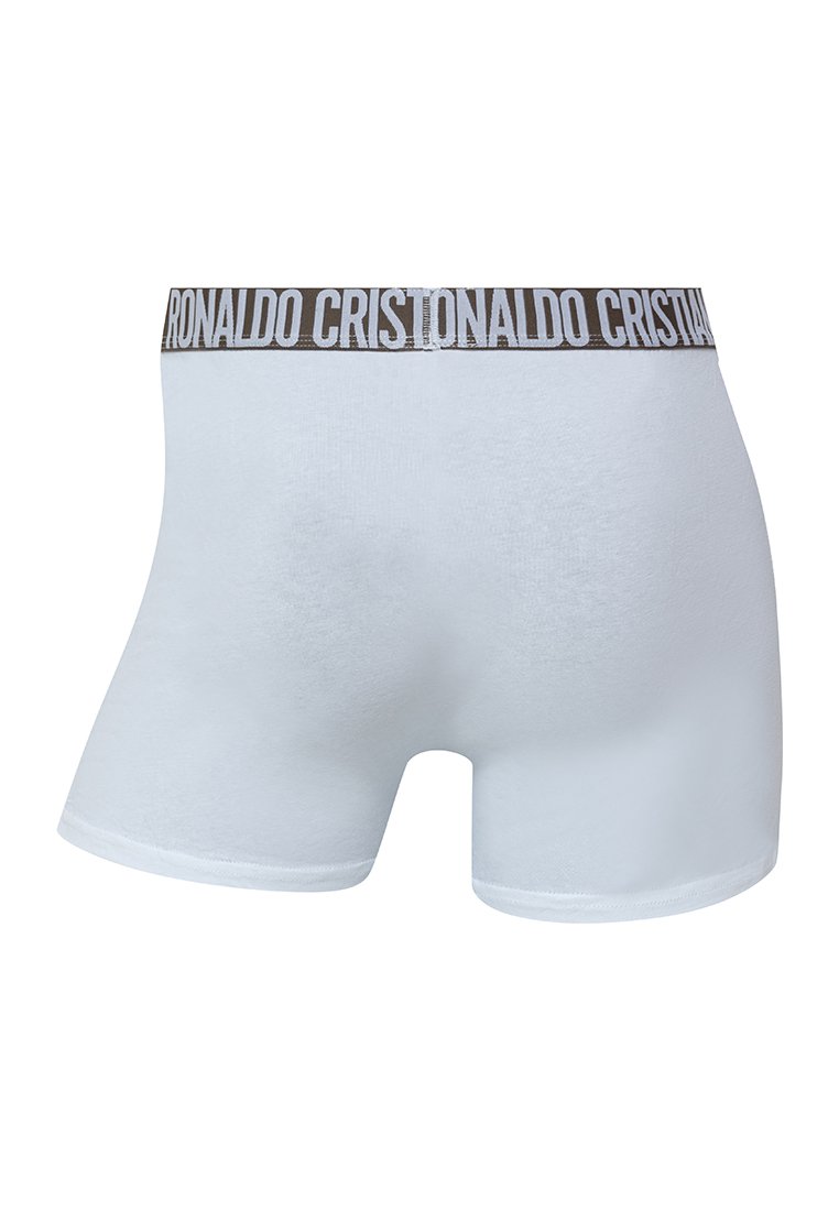 Boxers blancs en tissu doux avec une ceinture marron affichant le texte "CRISTIANO RONALDO" en blanc. Texture lisse, design ajusté.