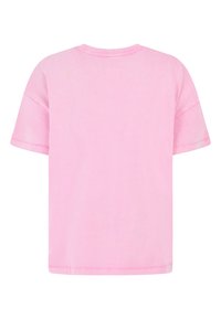 Rozekleurig t-shirt met korte mouwen en een ronde halslijn, gemaakt van zachte katoen. Het heeft een relaxte pasvorm en een eenvoudig ontwerp zonder versieringen.