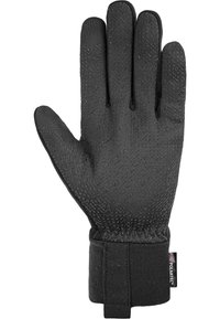 Black gloves with textured pattern, elastic cuff, fleece lining, and branded tag. Design features are functional and made for warmth.