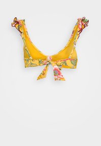 Top de bikini amarelo com estampa floral, com detalhe de laço na frente, apresentando alças largas com acabamentos com babados. O material parece liso e elástico.