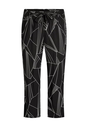 Czarne spodnie z białymi abstrakcyjnymi geometrycznymi liniami, elastycznym paskiem w talii i wiązaniem z przodu.