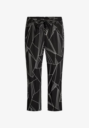 Pantaloni neri con linee geometriche astratte bianche, vita elasticizzata e dettaglio con fiocco frontale.