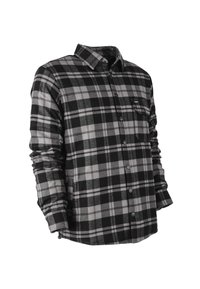 Camicia a maniche lunghe con bottoni in tessuto flanella, motivo a scacchi nero e grigio, con taschino sul petto e chiusura a bottoni.