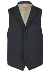 Mörkgrå herrväst i en lätt texturerad tyg, med fem framknappar, två sidofickor och ett mönstrat innerfoder.
