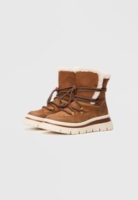 Bottes en daim brun avec une doublure en fausse fourrure, des lacets élastiques et une épaisse semelle blanche. Présente un logo et des accents en brun foncé contrastants.