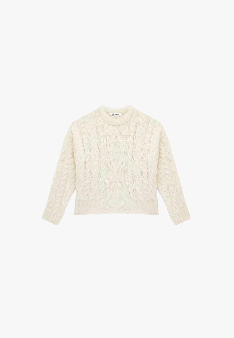 Cremfarbener Strickpullover mit Rundhalsausschnitt, der ein Kabelmuster sowie gerippte Bündchen und Saum aufweist. Hat eine lockere Passform und eine strukturierte Oberfläche.