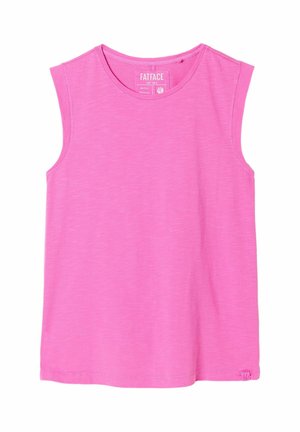 Lyserød ærmeløs T-shirt med rund halsudskæring, letvægtstof og lille mærke i bunden.
