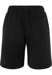Shorts negri din bumbac cu talie elastică, având un singur buzunar pe spate și o textură fină. Croială simplă, design până la genunchi.