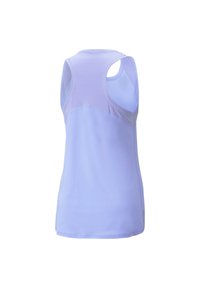 Jasnofioletowy bezrękawnik z siateczkowym tyłem, gładką fakturą i zaokrąglonym dekoltem; posiada szerokie otwory na ramiona dla swobody ruchów.