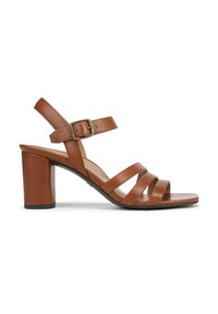 Brown leather high-heeled sandals with a wide block heel, featuring three horizontal straps and an adjustable ankle strap with a metal buckle.