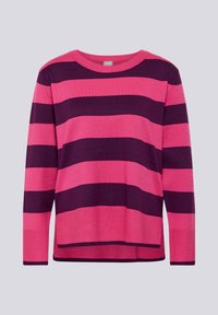 Rosa und dunkelviolett gestreifter Pullover mit rundem Ausschnitt und langen Ärmeln, aus einem weichen Strickstoff gefertigt und mit entspanntem Sitz.