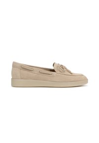 Beige suede loafer with a rounded toe, decorative bow accent, and a flat, light-colored rubber sole. Reinforced stitching and side grommets.