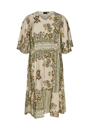 Vestido color crema con escote en V, estampado floral estilo cachemira en verde, marrón y amarillo, mangas acampanadas hasta el codo y cintura con cordón ajustable.