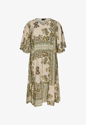 Kremowa sukienka z dekoltem w serek, wzorem w zielone, brązowe i żółte kwiatowe paisley, rozkloszowanymi rękawami do łokcia oraz talią ze sznurkiem.