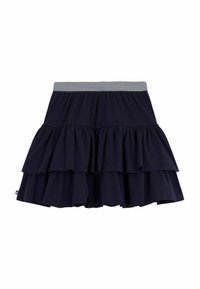 Gonna a strati di colore navy realizzata in tessuto morbido con tre balze, dotata di una vita elasticizzata a righe per una vestibilità comoda.