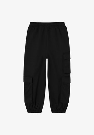 Pantaloni cargo neri con vita elasticizzata, polsini stretti e tasche laterali. Il tessuto è morbido, resistente e dalla texture liscia.