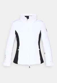 Λευκό μπουφάν με μαύρες πλαϊνές φάσες, ψηλό γιακά και κλειστό μπροστινό φερμουάρ. Διαθέτει επιπλέον φερμουάρ στα μανίκια και λεπτομέρεια λογότυπου στο στρίφωμα.