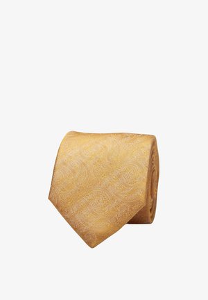 Yellow paisley tie featuring a textured fabric with an intricate pattern, rolled neatly to showcase its shape and design.