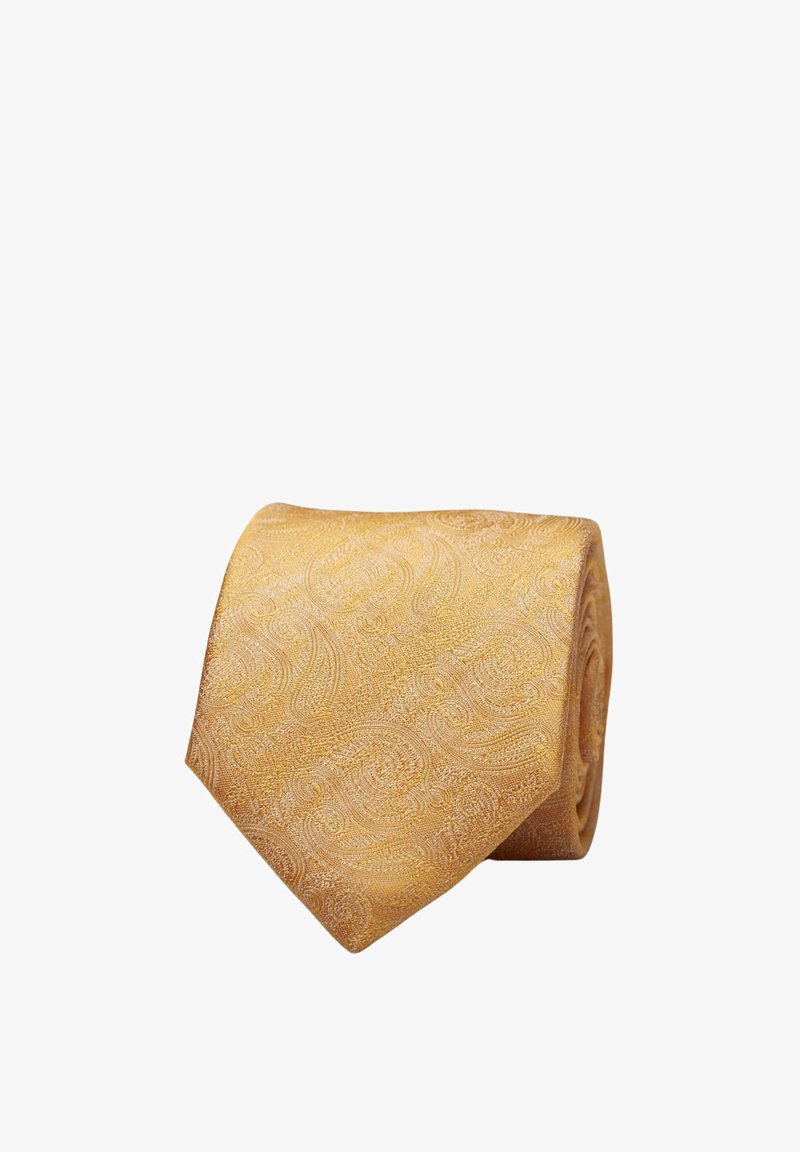 Gul paisleymönstrad slips med en texturerad tygkvalitet och ett intrikat mönster, noggrant rullad för att visa sin form och design.