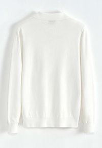 Pull tricoté blanc uni à manches longues avec poignets, ourlet et col rond haut côtelés, présenté de dos sur un fond blanc.