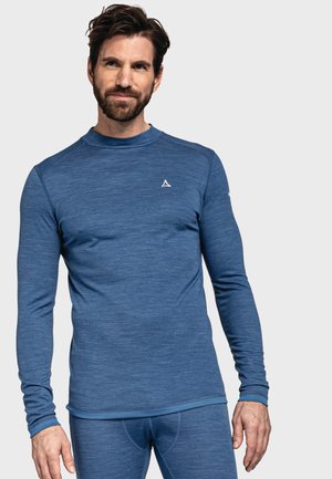 Langärmliges Sportshirt aus strukturiertem dunkelblauen Stoff. Mit Rundhalsausschnitt und kleinem weißen Logo auf der Brust, enganliegendes Design.
