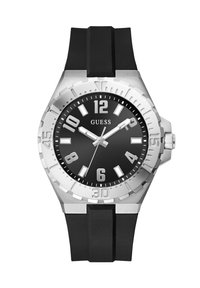 Orologio in acciaio inox di colore argento con cinturino in gomma nera. Presenta un quadrante nero, grandi indici delle ore bianchi e una lunetta girevole.
