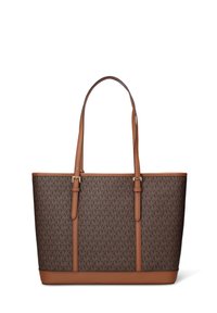 Borsa tote in pelle marrone con motivo monogramma, due manici lunghi e design strutturato; presenta dettagli in metallo color oro e accenti a contrasto.